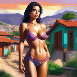 A high-resolution 4K digital art featuring a woman in a bra and minimalist thong, set against the backdrop of a serene village