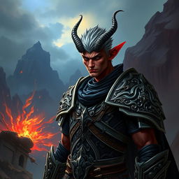A male tiefling warrior standing confidently, featuring short, spiky hair and striking red skin