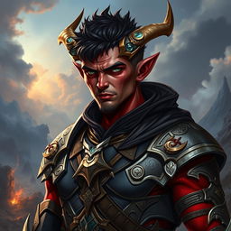 A male tiefling warrior standing confidently, featuring short, spiky hair and striking red skin