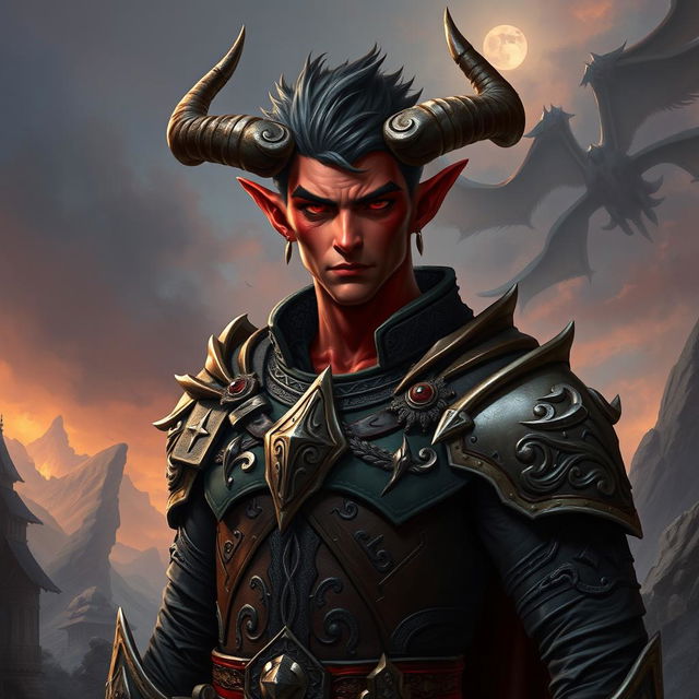 A male tiefling warrior standing confidently, featuring short, spiky hair and striking red skin