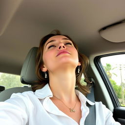Cinta Laura Kiehl sitting in the driver's seat of a car, tilting her head back with her face looking up towards the ceiling