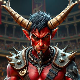 A male tiefling gladiator showcasing his fierce presence in an arena setting