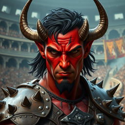 A male tiefling gladiator showcasing his fierce presence in an arena setting