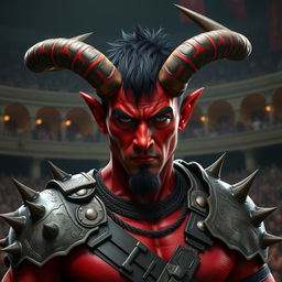 A male tiefling gladiator showcasing his fierce presence in an arena setting
