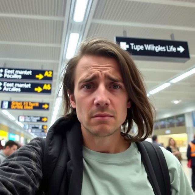 A person in an airport, struggling to communicate, with a clear expression of frustration on their face