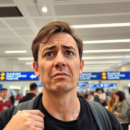 A person in an airport, struggling to communicate, with a clear expression of frustration on their face