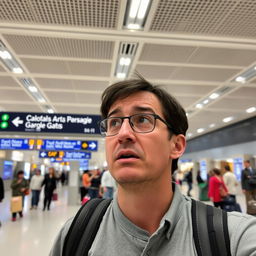 A person in an airport, struggling to communicate, with a clear expression of frustration on their face