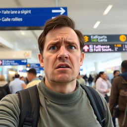A person in an airport, struggling to communicate, with a clear expression of frustration on their face