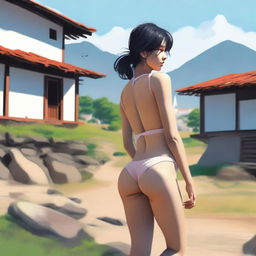 A high-resolution 4K digital art illustrating a woman in a minimalist thong, set against the backdrop of a peaceful village