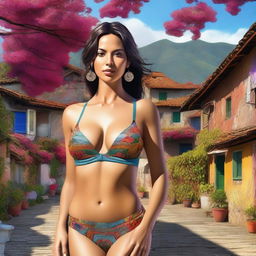 A 4K digital art of a woman wearing a bra, set against the backdrop of a tranquil village