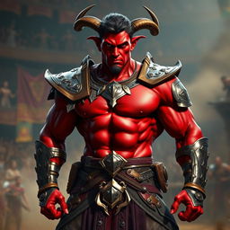 A muscular male tiefling gladiator exuding power and confidence, with vibrant red skin and short dark hair