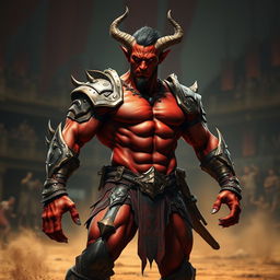 A muscular male tiefling gladiator exuding power and confidence, with vibrant red skin and short dark hair