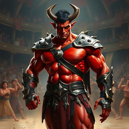 A muscular male tiefling gladiator exuding power and confidence, with vibrant red skin and short dark hair