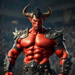 A muscular male tiefling gladiator exuding power and confidence, with vibrant red skin and short dark hair
