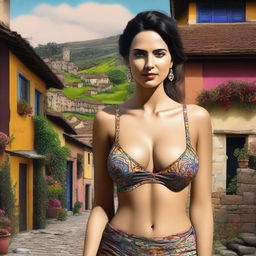 A 4K digital art of a woman wearing a bra, set against the backdrop of a tranquil village