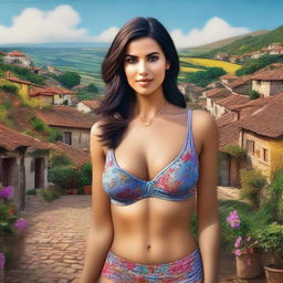 A 4K digital art of a woman wearing a bra, set against the backdrop of a tranquil village