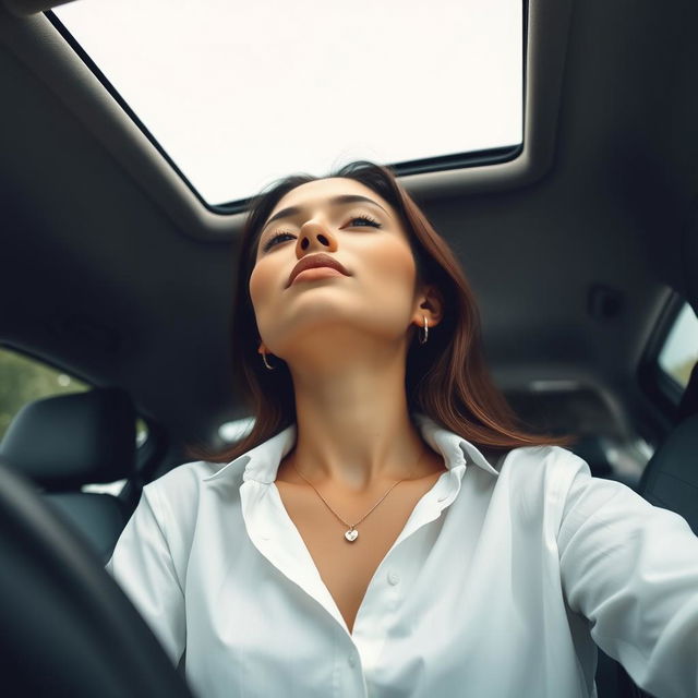 A stunning portrait of Cinta Laura Kiehl sitting in the driver's seat of a car, gazing upwards at a 90-degree angle towards the ceiling