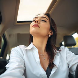 A stunning portrait of Cinta Laura Kiehl sitting in the driver's seat of a car, gazing upwards at a 90-degree angle towards the ceiling