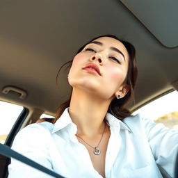 A stunning portrait of Cinta Laura Kiehl sitting in the driver's seat of a car, gazing upwards at a 90-degree angle towards the ceiling