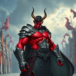 A powerful male muscular tiefling knight, showcasing his impressive physique with vibrant red skin and short dark hair