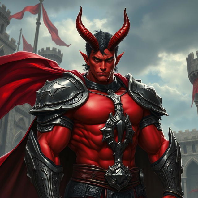 A powerful male muscular tiefling knight, showcasing his impressive physique with vibrant red skin and short dark hair