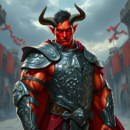 A powerful male muscular tiefling knight, showcasing his impressive physique with vibrant red skin and short dark hair