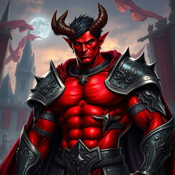 A powerful male muscular tiefling knight, showcasing his impressive physique with vibrant red skin and short dark hair