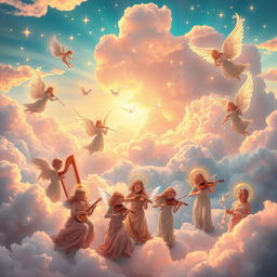 A serene and ethereal scene in heaven depicting vibrant clouds, soft glowing lights, and a diverse group of celestial beings joyfully playing a variety of musical instruments