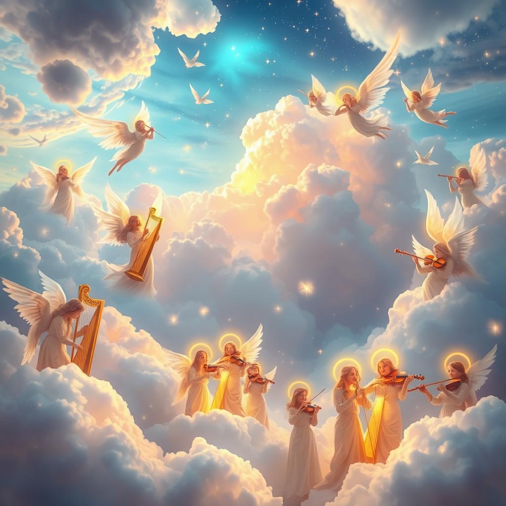 A serene and ethereal scene in heaven depicting vibrant clouds, soft glowing lights, and a diverse group of celestial beings joyfully playing a variety of musical instruments