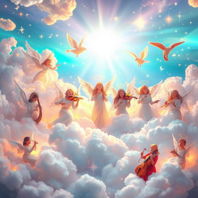 A serene and ethereal scene in heaven depicting vibrant clouds, soft glowing lights, and a diverse group of celestial beings joyfully playing a variety of musical instruments