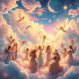 A serene and ethereal scene in heaven depicting vibrant clouds, soft glowing lights, and a diverse group of celestial beings joyfully playing a variety of musical instruments