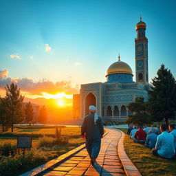 A serene scene depicting Mohammad visiting Jamkaran Mosque, showcasing the beautiful architecture of the mosque with its stunning blue tiles and golden dome