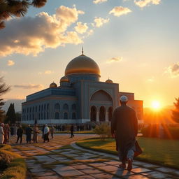 A serene scene depicting Mohammad visiting Jamkaran Mosque, showcasing the beautiful architecture of the mosque with its stunning blue tiles and golden dome