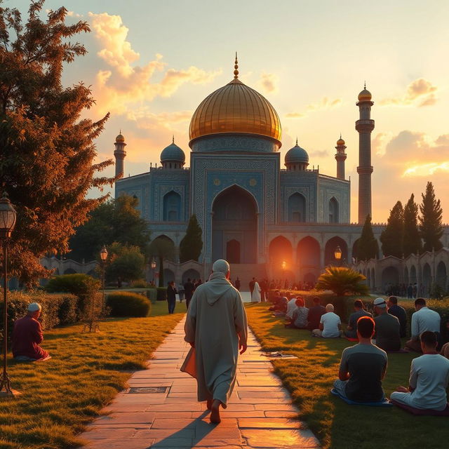 A serene scene depicting Mohammad visiting Jamkaran Mosque, showcasing the beautiful architecture of the mosque with its stunning blue tiles and golden dome