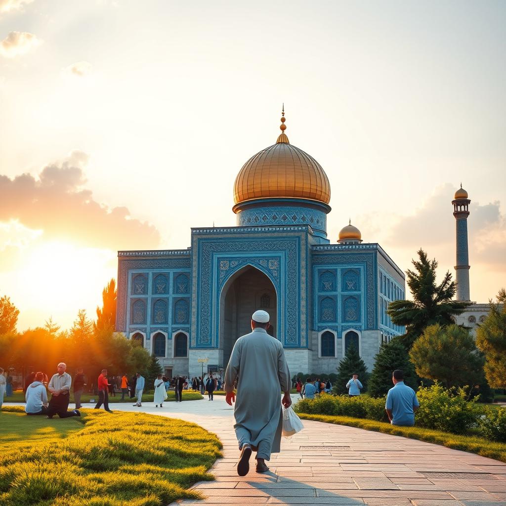 A serene scene depicting Mohammad visiting Jamkaran Mosque, showcasing the beautiful architecture of the mosque with its stunning blue tiles and golden dome