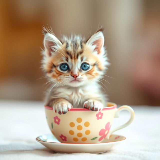 A cute kitten sitting in an adorable teacup, looking playful and curious