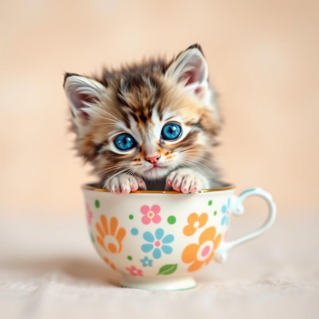 A cute kitten sitting in an adorable teacup, looking playful and curious