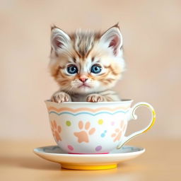 A cute kitten sitting in an adorable teacup, looking playful and curious