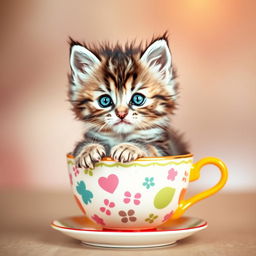A cute kitten sitting in an adorable teacup, looking playful and curious