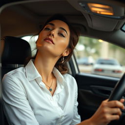 A captivating image of Cinta Laura Kiehl sitting in the driver's seat of a car, tilting her head to the left as she gazes upwards