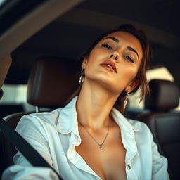 A captivating image of Cinta Laura Kiehl sitting in the driver's seat of a car, tilting her head to the left as she gazes upwards