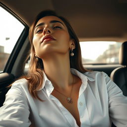A captivating image of Cinta Laura Kiehl sitting in the driver's seat of a car, tilting her head to the left as she gazes upwards