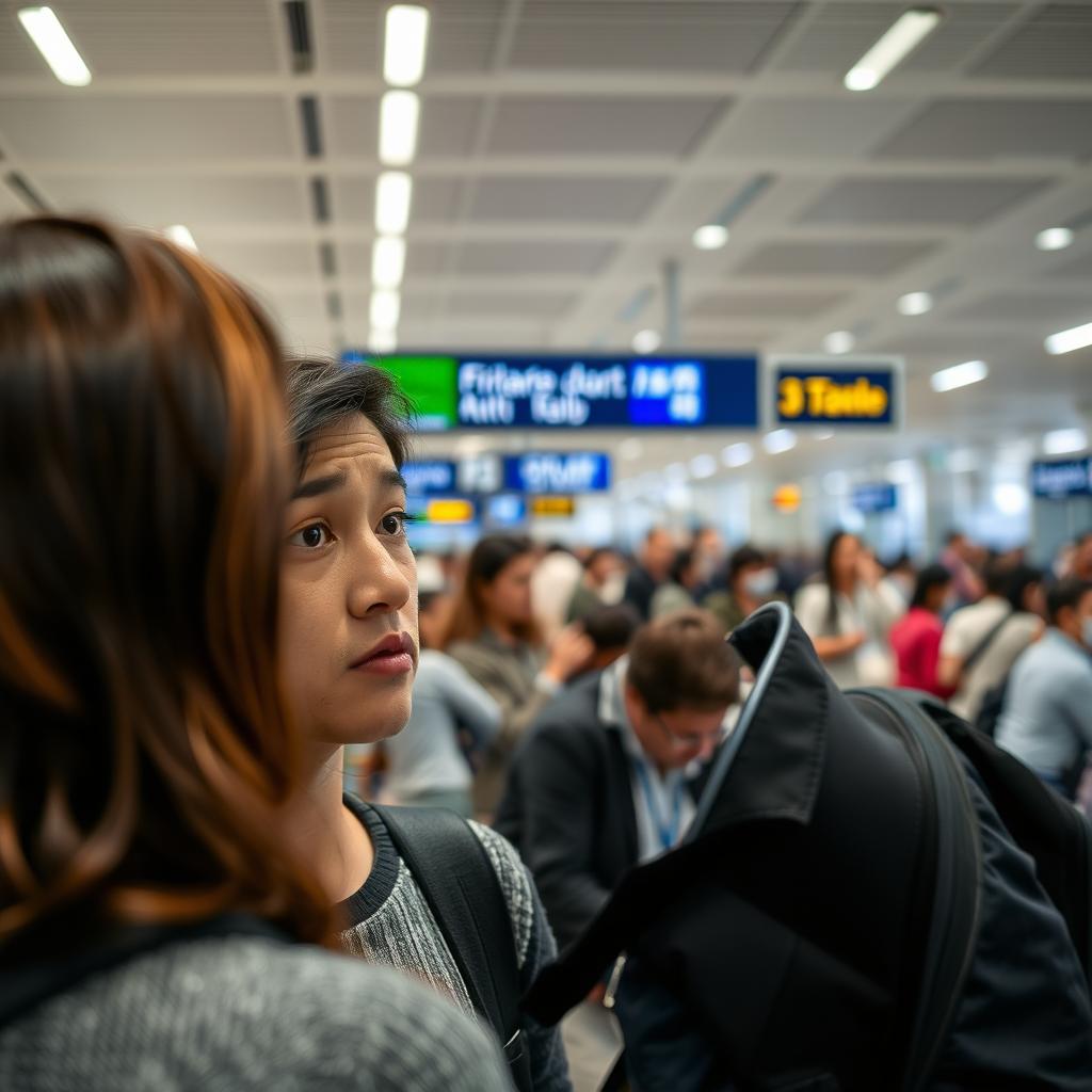A person at an airport trying to ask for information but not being understood