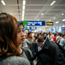 A person at an airport trying to ask for information but not being understood