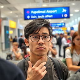 A person at an airport trying to ask for information but not being understood