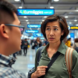 A person at an airport trying to ask for information but not being understood