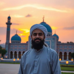 Mohammad dressed in traditional attire, standing in front of the Jamkaran Mosque at sunset, with a serene expression on his face