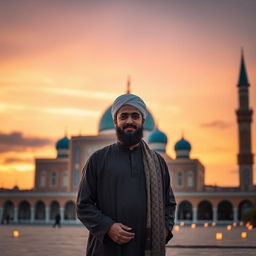 Mohammad dressed in traditional attire, standing in front of the Jamkaran Mosque at sunset, with a serene expression on his face