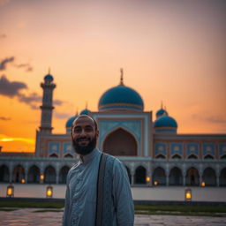 Mohammad dressed in traditional attire, standing in front of the Jamkaran Mosque at sunset, with a serene expression on his face
