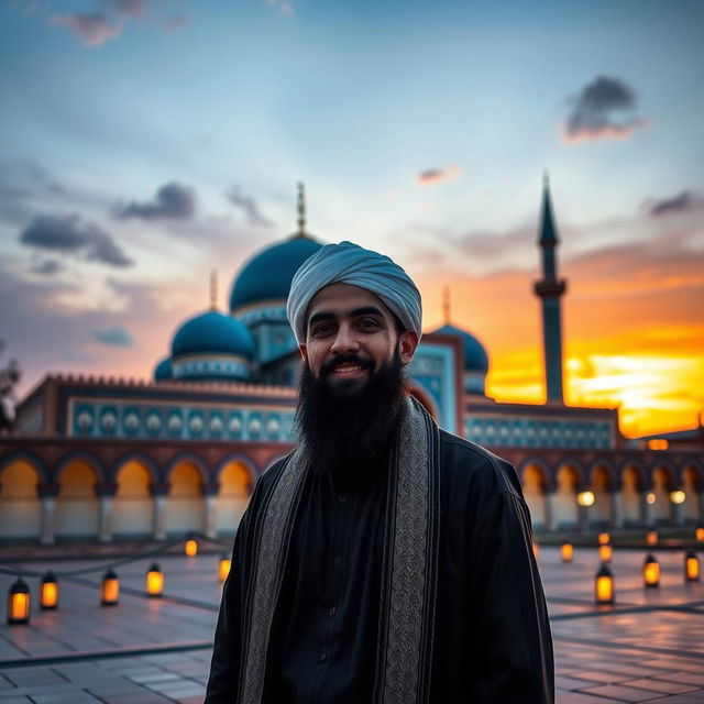 Mohammad dressed in traditional attire, standing in front of the Jamkaran Mosque at sunset, with a serene expression on his face